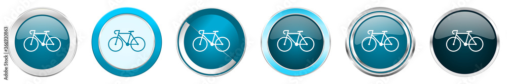 Aufkleber Bicycle silver metallic chrome border icons in 6 options, set of web blue round buttons isolated on white background