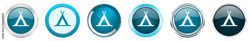 Aufkleber Camp silver metallic chrome border icons in 6 options, set of web blue round buttons isolated on white background