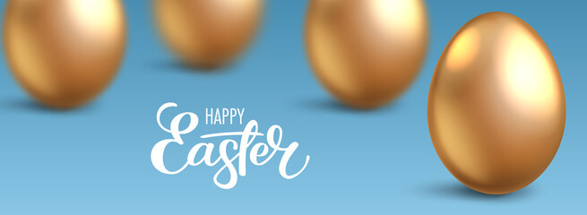 Fototapeta na wymiar Realistic golden eggs on light blue background. Easter greeting card or invitation template