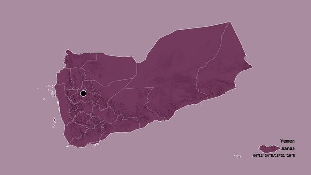 Ma'rib, governorate of Yemen, with its capital, localized, outlined and zoomed with informative overlays on a administrative map in the Stereographic projection. Animation 3D