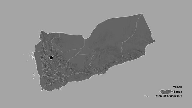 Ma'rib, governorate of Yemen, with its capital, localized, outlined and zoomed with informative overlays on a bilevel map in the Stereographic projection. Animation 3D