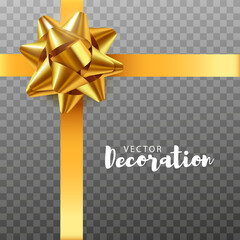 Bows gold realistic design. Decorative gift bows with ribbons isolated on transparent background.Vector illustration