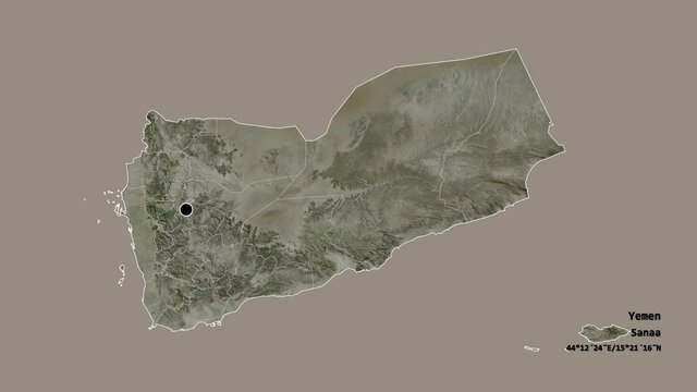 Ma'rib, governorate of Yemen, with its capital, localized, outlined and zoomed with informative overlays on a satellite map in the Stereographic projection. Animation 3D