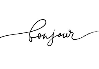 Bonjour ink brush pen vector lettering. Modern word handwritten vector calligraphy. Hello in French language. Hand drawn black text isolated on white background. Postcard, greeting card, t shirt print © Anastasiia Hevko