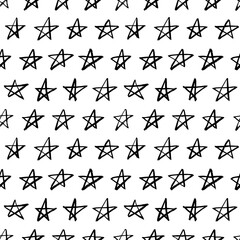 Geometric star vector seamless pattern. Hand drawn doodle stars. Modern black and white background. Scandinavian motif ornament. Pattern for kids clothings, nursery, textile or fabric print.