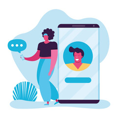 young woman using smartphone with speech bubbles social media technology