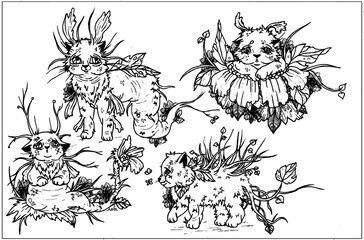 Fairytale animal, cute character, fluffy forest cat with big sad eyes, in different poses, with various limbs and tails similar to plants and roots, covered in grass, leaves, and flowers. Set.
