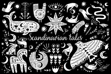 Modern bohemian style, folk tribal art in the Scandinavian style. Folk mythology, Swedish folklore. animals and plants.