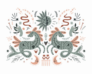 Modern bohemian style, folk tribal art in the Scandinavian style. Folk mythology, Swedish folklore. animals and plants.