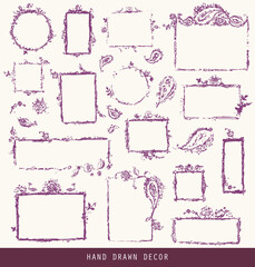 Hand drawn shabby vintage frames with oriental paisley elements, flowers and leaves