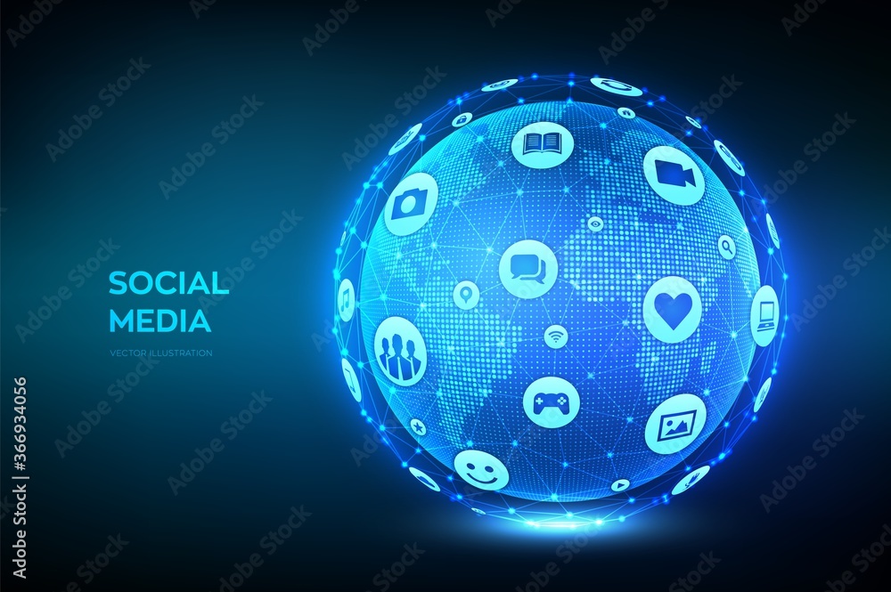 Poster social media connection concept. wireframe sphere made from a different social media and computer ic