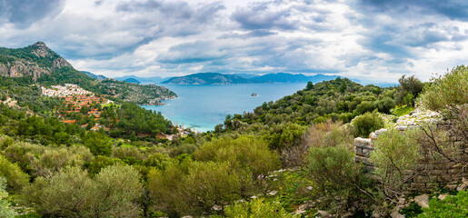 Panoromic view of a beautiful bay from Amos Ancient City in Marmaris Town