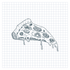 Pizza sketch. Hand drawing slice of pizza, vector illustration.