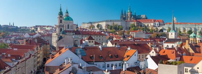 Prague - The roofs of Mala Strana with the St. Nicholas church, Castle and the Cathedral.