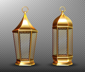 Arabic lamps, gold lanterns with arab ornament, ring, place for candle. Accessories for islamic ramadan holiday. Realistic 3d vector vintage luminous shining lights isolated on transparent background