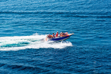 Fototapeta premium amazing view to yacht and clear dark blue water summer paradise. Copy space