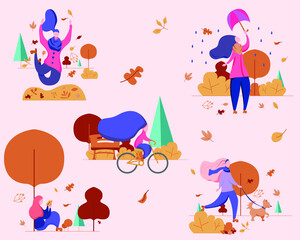 Girls autumn activities flat design vector illustrations set.