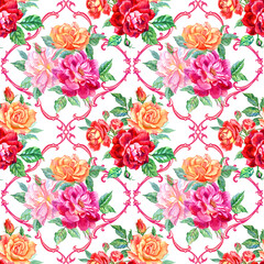 Seamless pattern of bouquets of roses and baroque pattern, watercolor illustration, print for fabric, wallpaper and other designs.