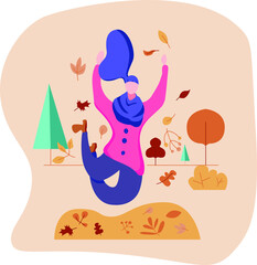 Girl playing in leaves, autumn activity flat design vector illustration.