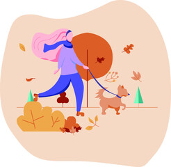 Girl walking a dog, autumn activity flat design vector illustration.