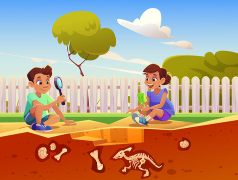 Boy and girl playing in game about excavation fossil dinosaurs in sandbox. Vector cartoon illustration with kids discover buried skeletons and shells in sand on backyard