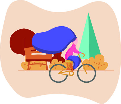 Girl riding a bike, autumn activity flat design vector illustration.