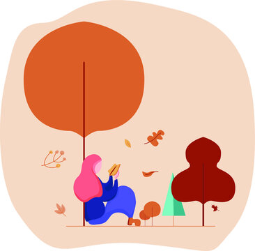 Girl reading a book, autumn activity flat design vector illustration.