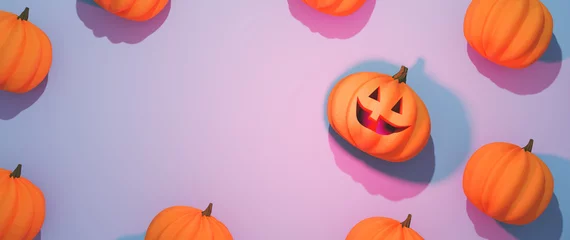 Fotobehang Halloween pumpkins flat lay composition with one Jack-o'-lantern © Photocreo Bednarek
