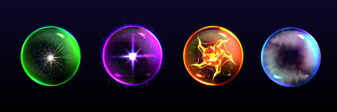 Magic spheres, crystal balls of different colors with sparkles, glow, plasma and mystical fog inside, energy orbs, fantasy globes for witchcraft isolated on black background, Realistic 3d vector icons