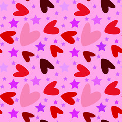 Hearts and stars on a pink background, seamless pattern, texture for design, vector illustration