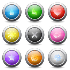 Vector set of colored round buttons with signs and wavy reflections. Symbols of water drop, heart, leaves, snowflake, star and sun