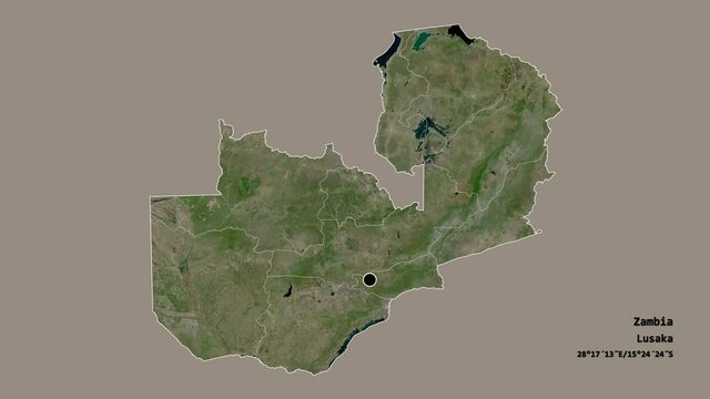 Luapula, province of Zambia, with its capital, localized, outlined and zoomed with informative overlays on a satellite map in the Stereographic projection. Animation 3D