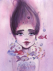 Fototapeta na wymiar Mermaid. Beautiful mermaid under the water. Siren. Marine subjects. Girl underwater with fishes. Watercolor illustration.