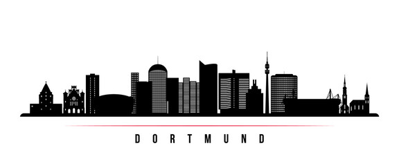 Obraz premium Dortmund skyline horizontal banner. Black and white silhouette of Dortmund, Germany. Vector template for your design.