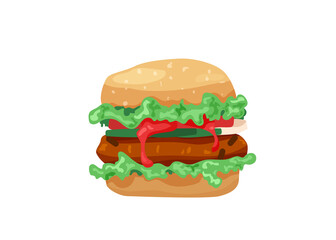 Delicious hamburger classic american burger with lettuce, onion, tomato, beef and sauce isolated on white background. I choose sweet positive life, design concept