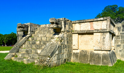 Fototapeta na wymiar Chichen Itza, Yucatan / Mexico - August 2018: Platform of Eagles and Jaguars in Chichen Itza archaeological site, Yucatan, Mexico