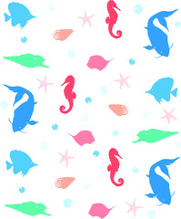 Summer background pattern. Sea, ocean, marine theme. Cute pattern with corals, fishes, stars, shells and bubbles.