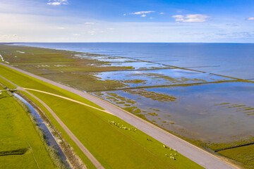 Fototapeta premium Aerial view sea dike Waddensea