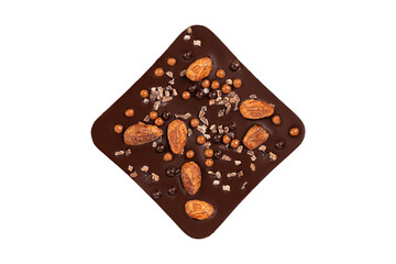 Bitter chocolate bar with almonds isolated on white background. Luxury handmade chocolate