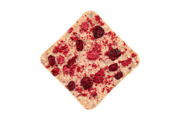 Artisan white chocolate bar with raspberry and cherry isolated on white background. Luxury handmade chocolate with dried berries