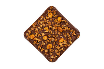 Milk chocolate bar with nuts isolated on white background. Luxury handmade chocolate with praline