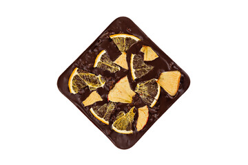 Bitter chocolate bar with dried orange and apple flakes isolated on white background. Luxury handmade chocolate