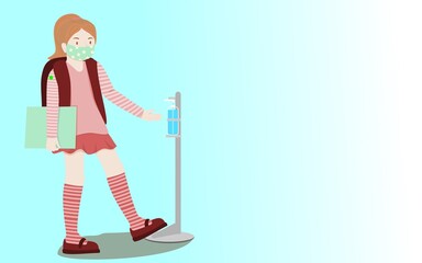 A girl wearing a mask Pressing alcohol By using a foot pedal for using alcohol without hands.