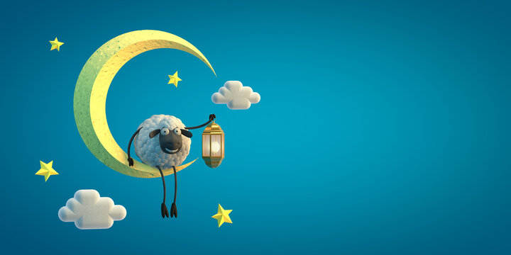 3d illustration cute cartoon sheep with lamp on the moon on blue background. Islamic holiday concept.