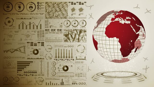 Pandemic of infection. Global earth with red dots of infection. Medical hologram elements of digital data graph. Infectious control. Cure virus. Loop animation.