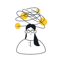 Cute cartoon girl with bad thoughts, problems, depression, entanglement, and anxiety. Emotional problems. Mental health. Flat clean line vector icon illustration on white.