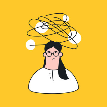 Cute cartoon girl with bad thoughts, problems, depression, entanglement, and anxiety. Emotional problems. Mental health. Flat line vector icon illustration on yellow.