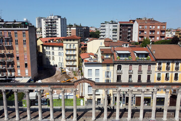 Europe, Italy, Milan July 2020 - drone aerial view of San Lorenzo column and basilica  after...