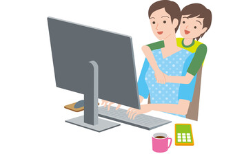 テレワーク、パソコンを操作する女性と子供