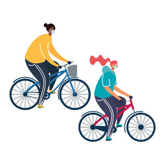 young couple wearing medical masks in bicycles